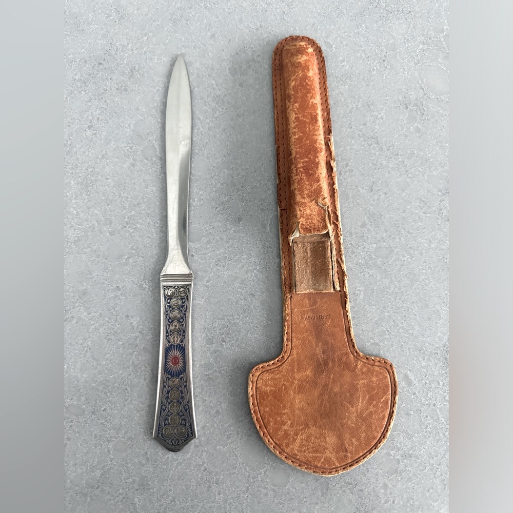 Vintage Sterling Silver Letter Opener Astrological Signs 9.75” Leather Sheath